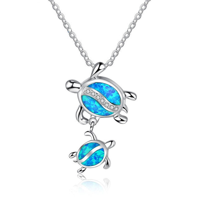 Turquoise Blue Opal Turtle Hands Necklace